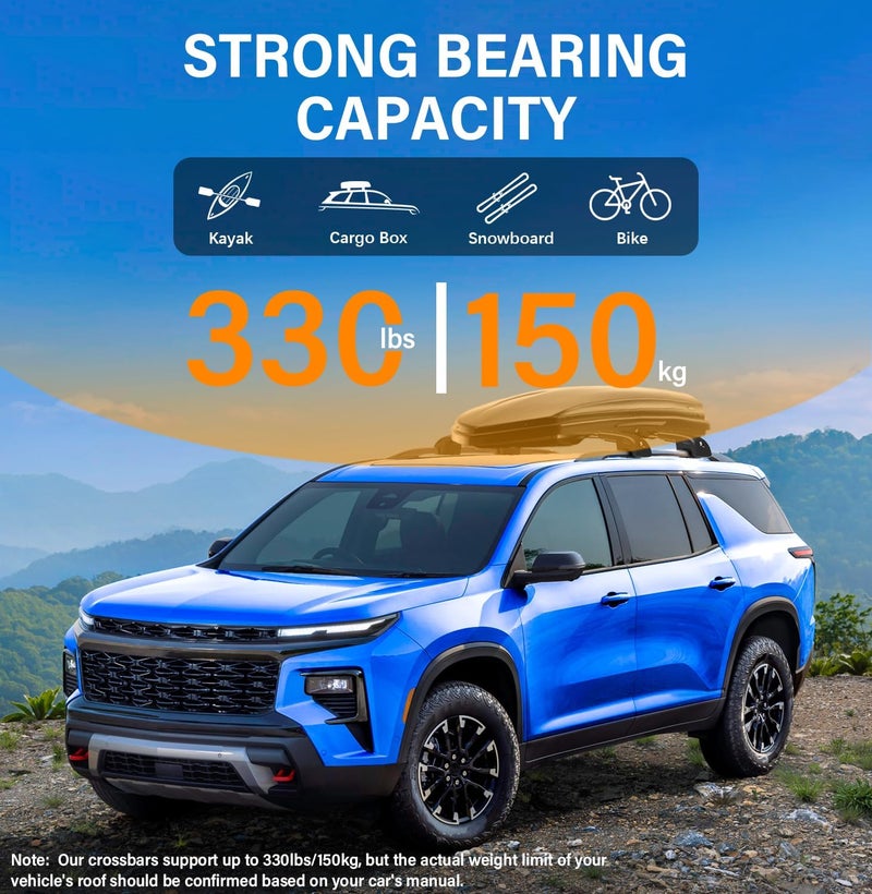 HmmtyRack 330lbs Lockable Roof Rack Cross Bars Compatible with Chevrolet Chevy Traverse 2022 2023 2024 2025 2026, Aluminum Roof Rails Crossbar for Rooftop Cargo Luggage Kayak Canoe Snowboard Rack - Image 3